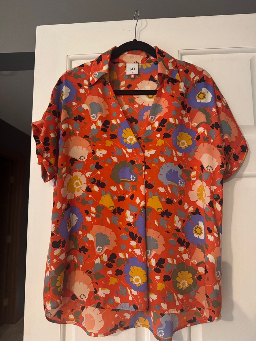 CAbi Orange Floral Short-Sleeve Button-Down Shirt with Multi-Color Blooms